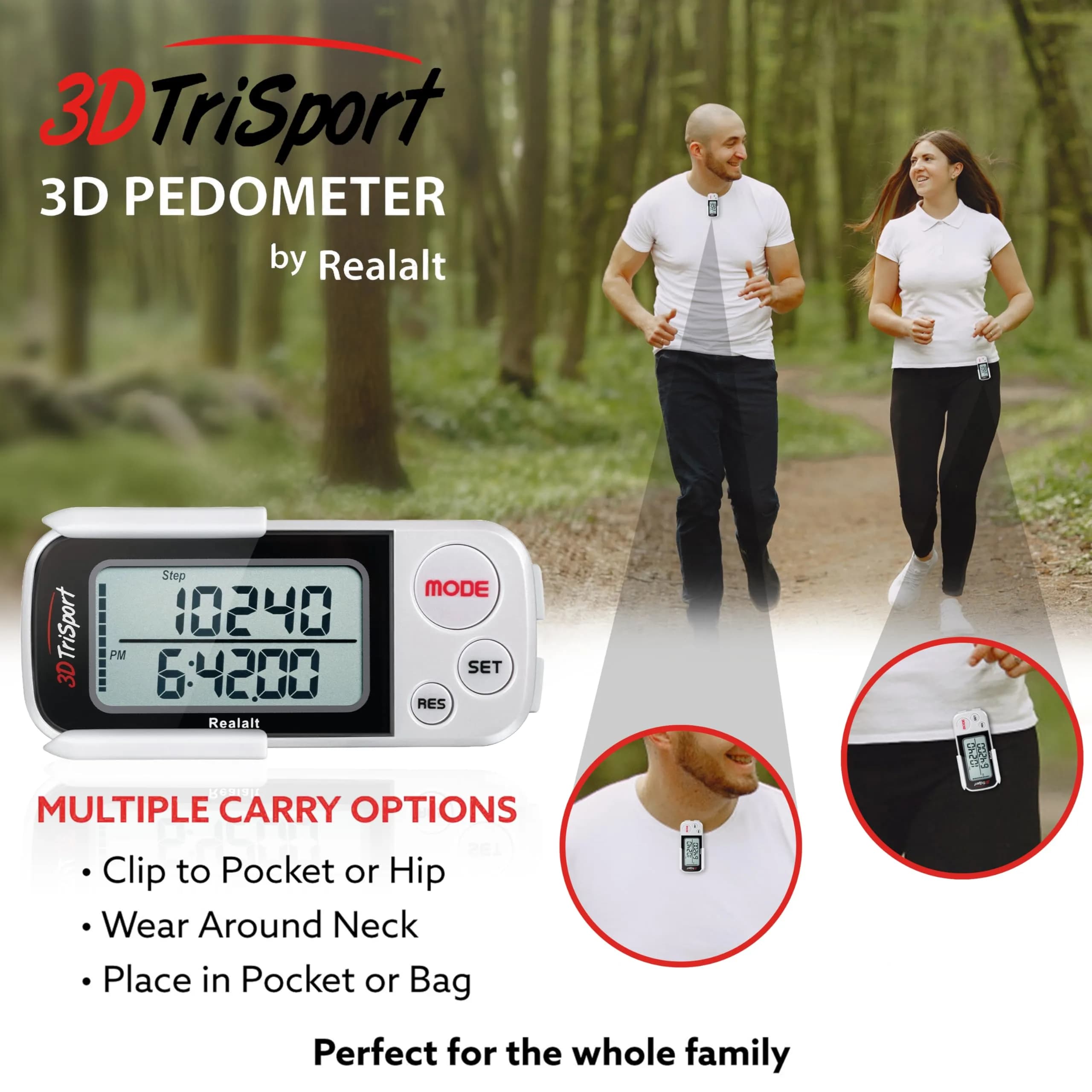 Realalt 3DTriSport 3D Pedometer White | Accurate Step Counter with 30-Day Memory, Distance in KM/Miles, Large Display - view 5