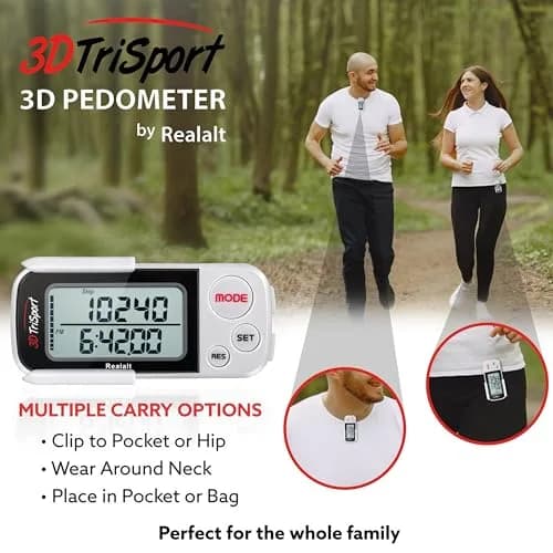 Realalt 3DTriSport 3D Pedometer White | Accurate Step Counter with 30-Day Memory, Distance in KM/Miles, Large Display thumbnail 5