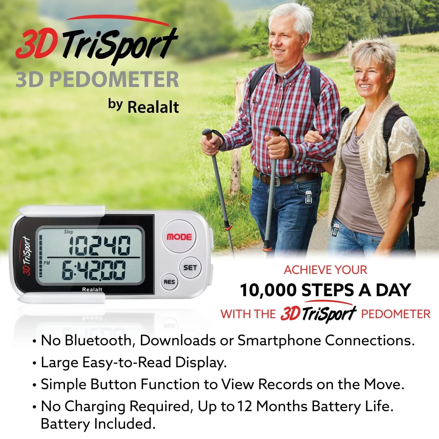 Realalt 3DTriSport 3D Pedometer White | Accurate Step Counter with 30-Day Memory, Distance in KM/Miles, Large Display - view 6