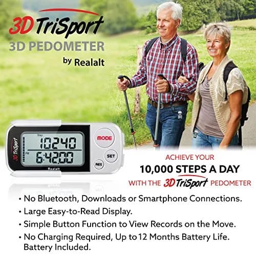 Realalt 3DTriSport 3D Pedometer White | Accurate Step Counter with 30-Day Memory, Distance in KM/Miles, Large Display thumbnail 6