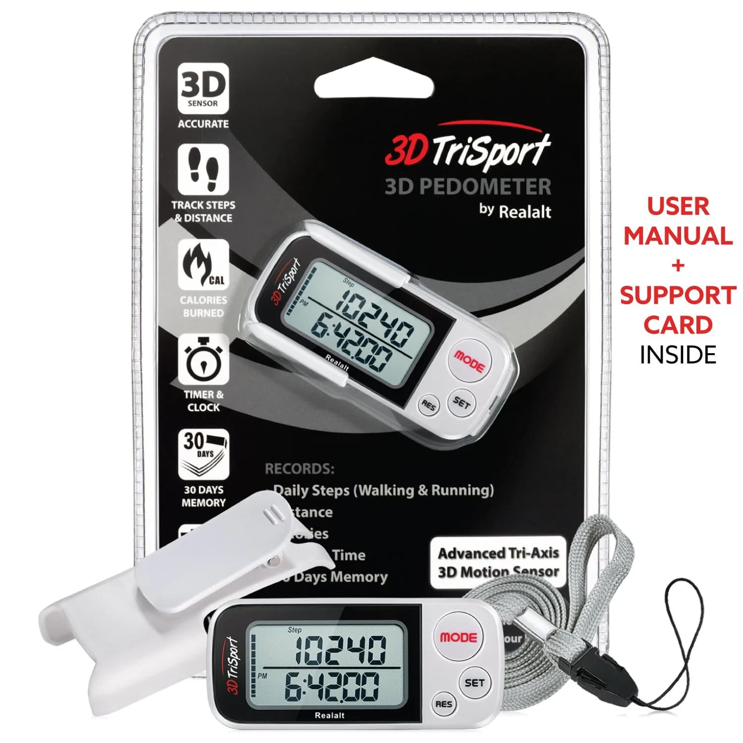 Realalt 3DTriSport 3D Pedometer White | Accurate Step Counter with 30-Day Memory, Distance in KM/Miles, Large Display - view 7