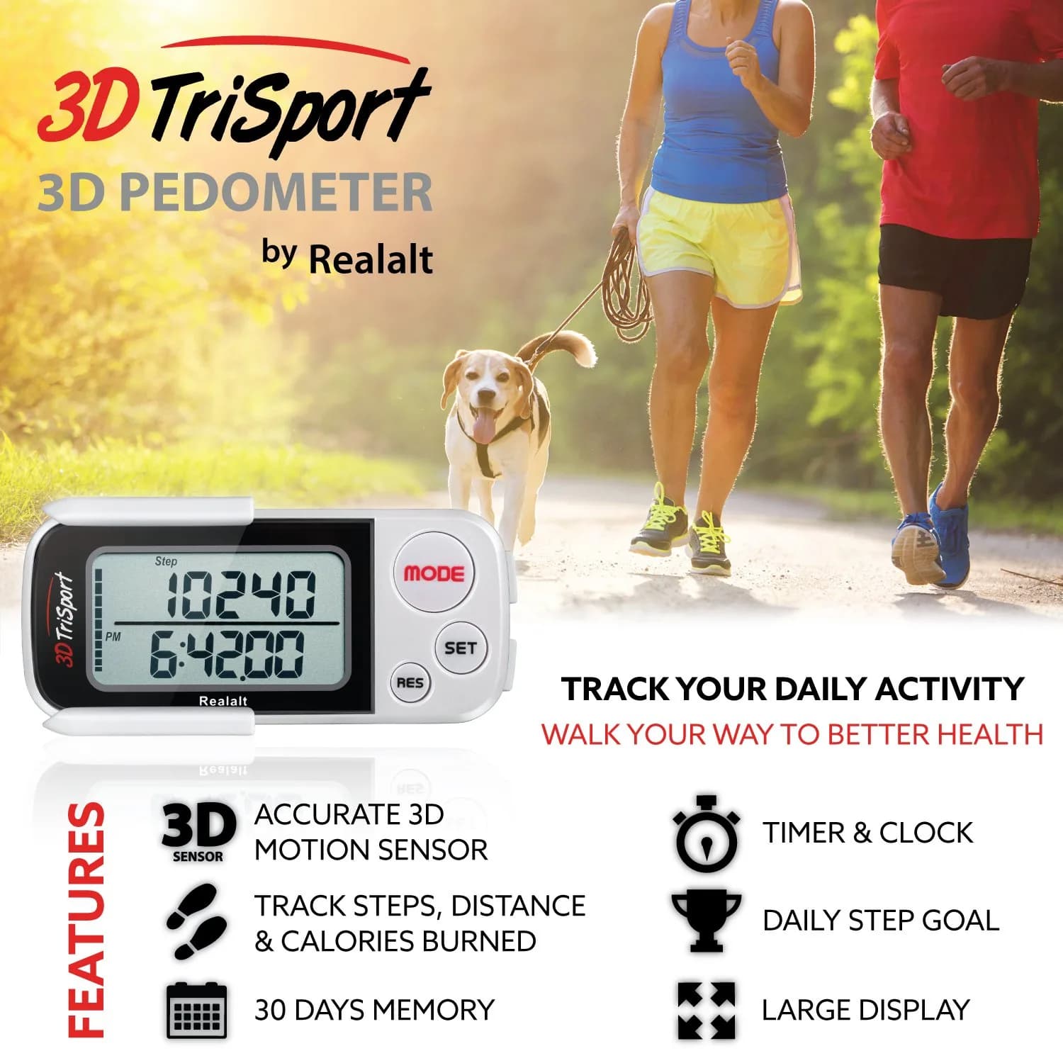Realalt 3DTriSport 3D Pedometer White | Accurate Step Counter with 30-Day Memory, Distance in KM/Miles, Large Display - view 2
