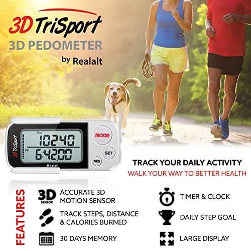 Realalt 3DTriSport 3D Pedometer White | Accurate Step Counter with 30-Day Memory, Distance in KM/Miles, Large Display thumbnail 2
