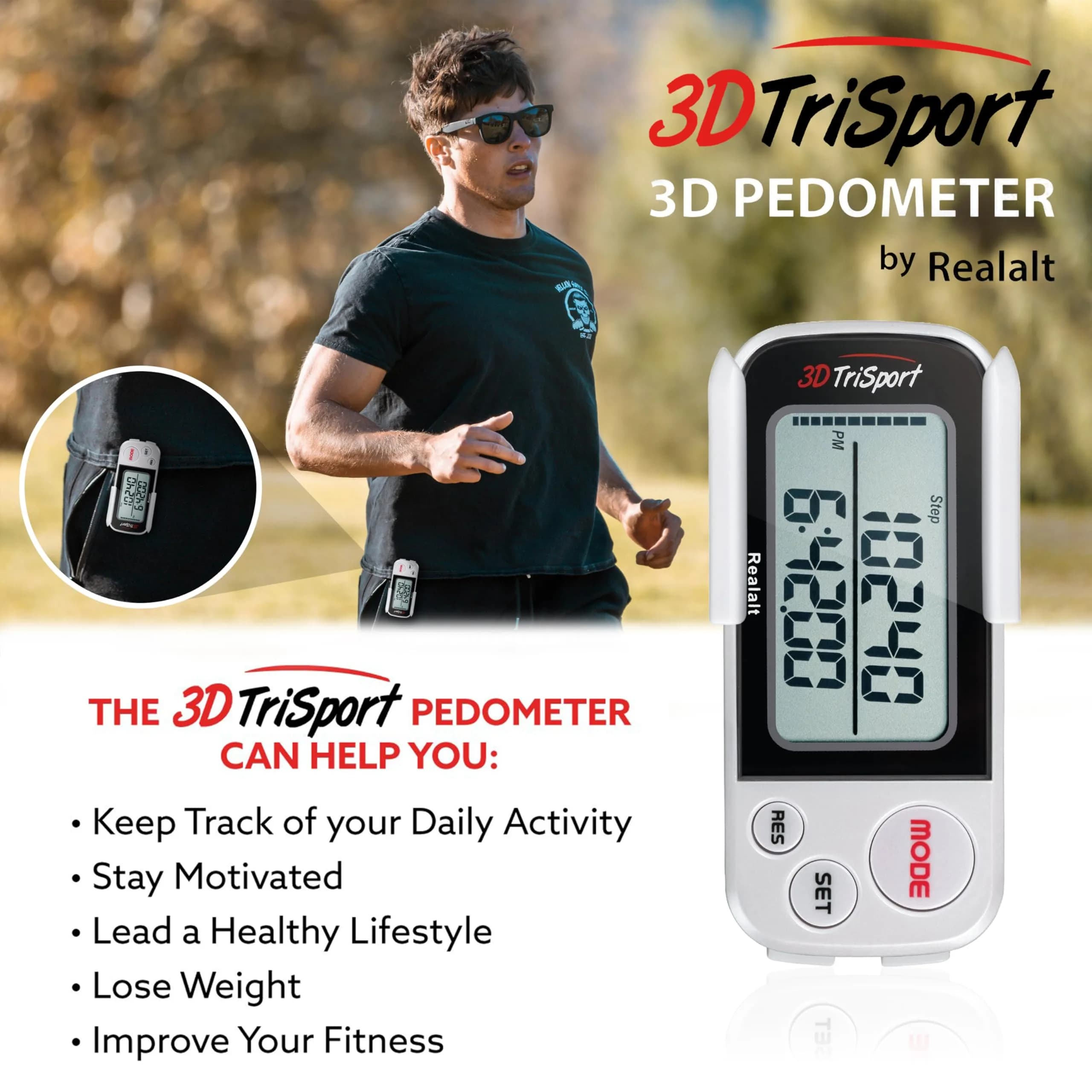 Realalt 3DTriSport 3D Pedometer White | Accurate Step Counter with 30-Day Memory, Distance in KM/Miles, Large Display - view 3