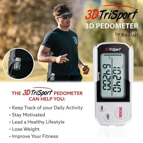 Realalt 3DTriSport 3D Pedometer White | Accurate Step Counter with 30-Day Memory, Distance in KM/Miles, Large Display thumbnail 3