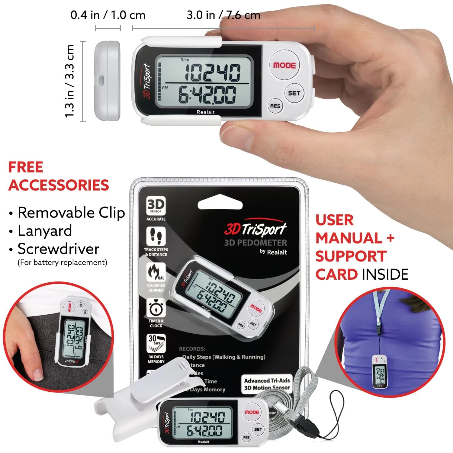 Realalt 3DTriSport 3D Pedometer White | Accurate Step Counter with 30-Day Memory, Distance in KM/Miles, Large Display - view 4