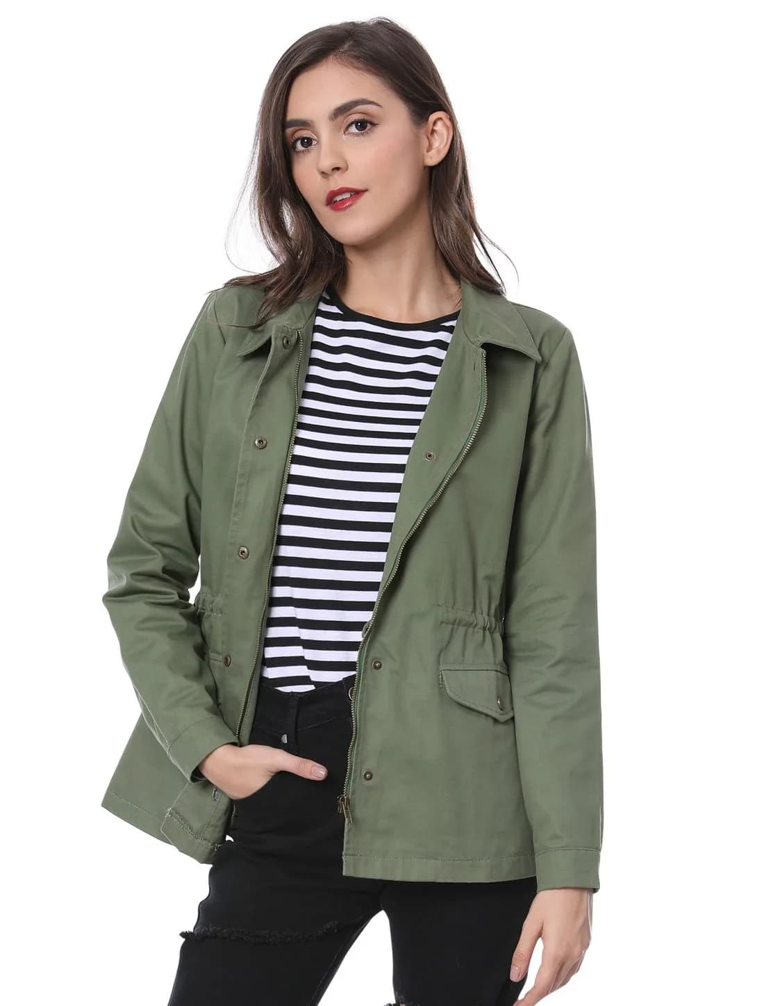 Allegra K Women's Utility Jacket Zip Up Drawstring Waist Coat with Pockets | Casual Lightweight Cotton