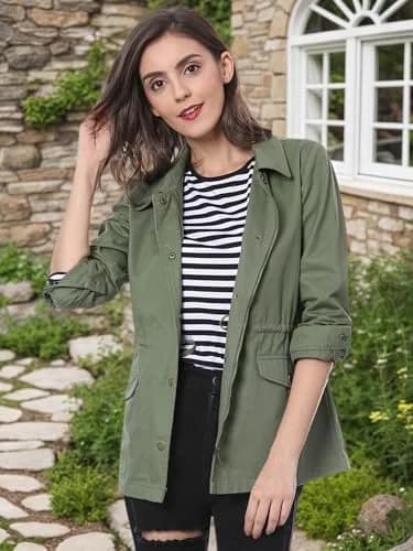 Allegra K Women's Utility Jacket Zip Up Drawstring Waist Coat with Pockets | Casual Lightweight Cotton thumbnail 3
