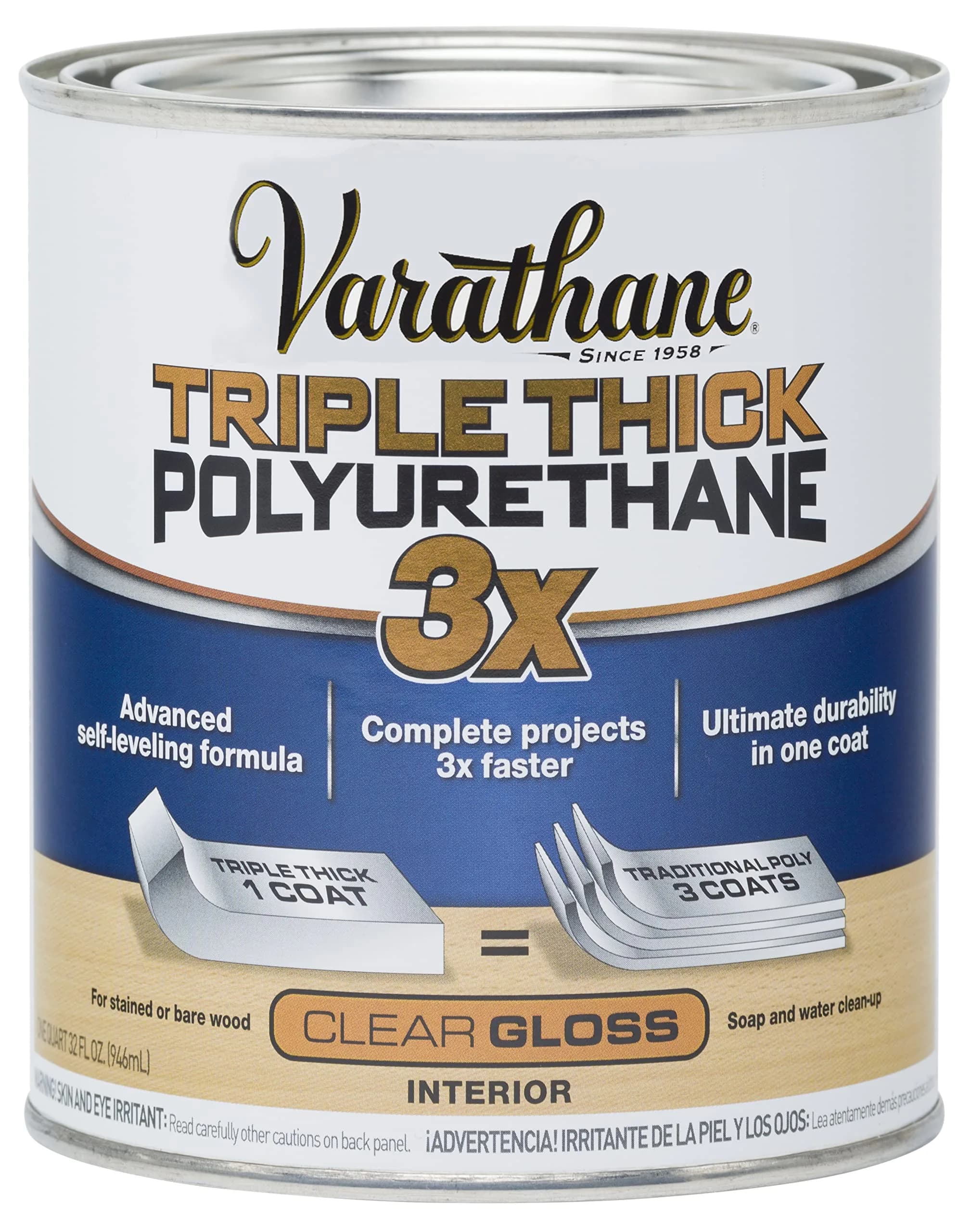 Varathane Triple Thick Polyurethane Gloss Wood Finish | 1 Quart, Self-Leveling, 3X Thicker, Fast Drying, Clear Gloss — Gloss