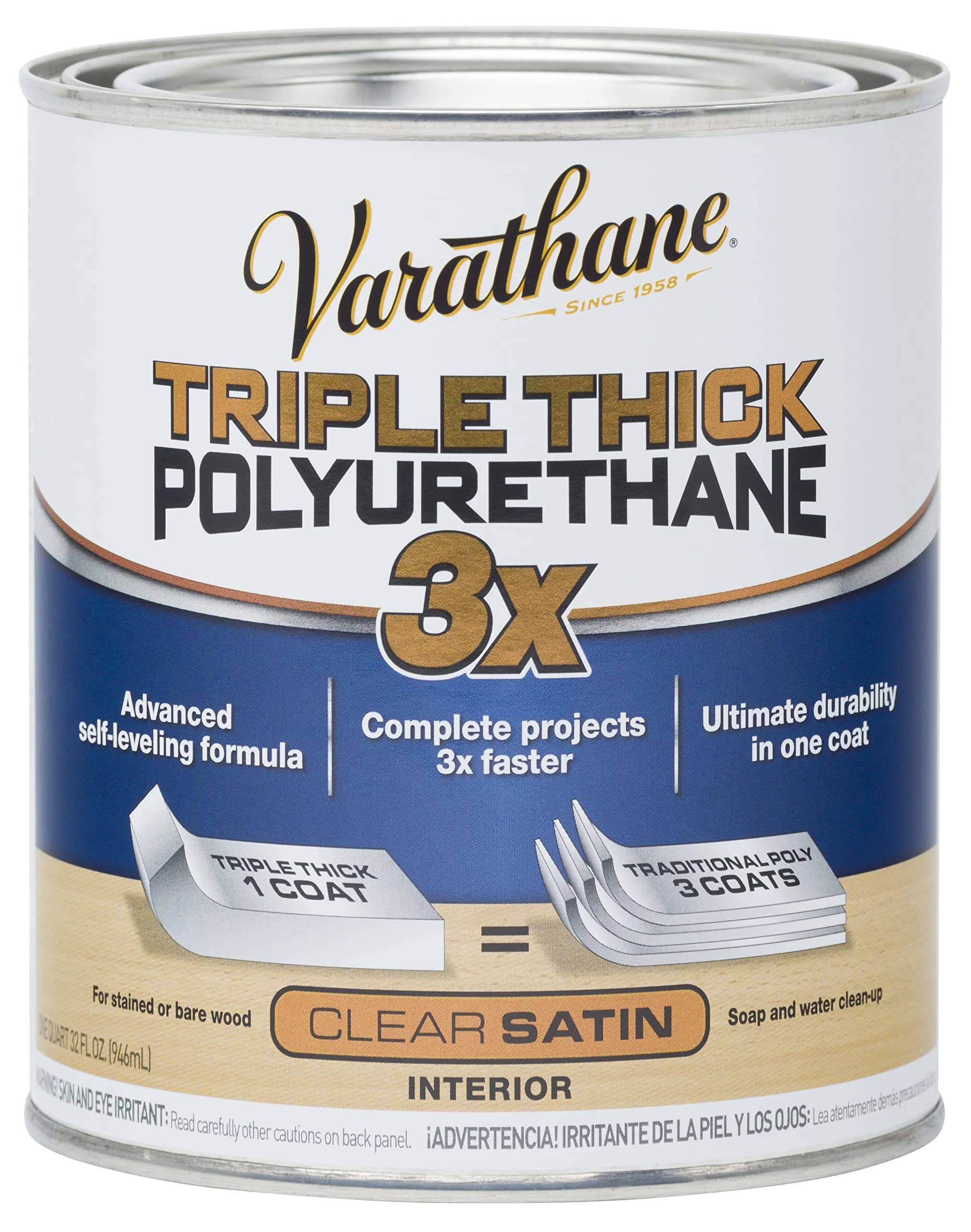 Varathane Triple Thick Polyurethane Satin Wood Finish 946ml (32 Fl Oz) | One Coat Protection for Interior Wood