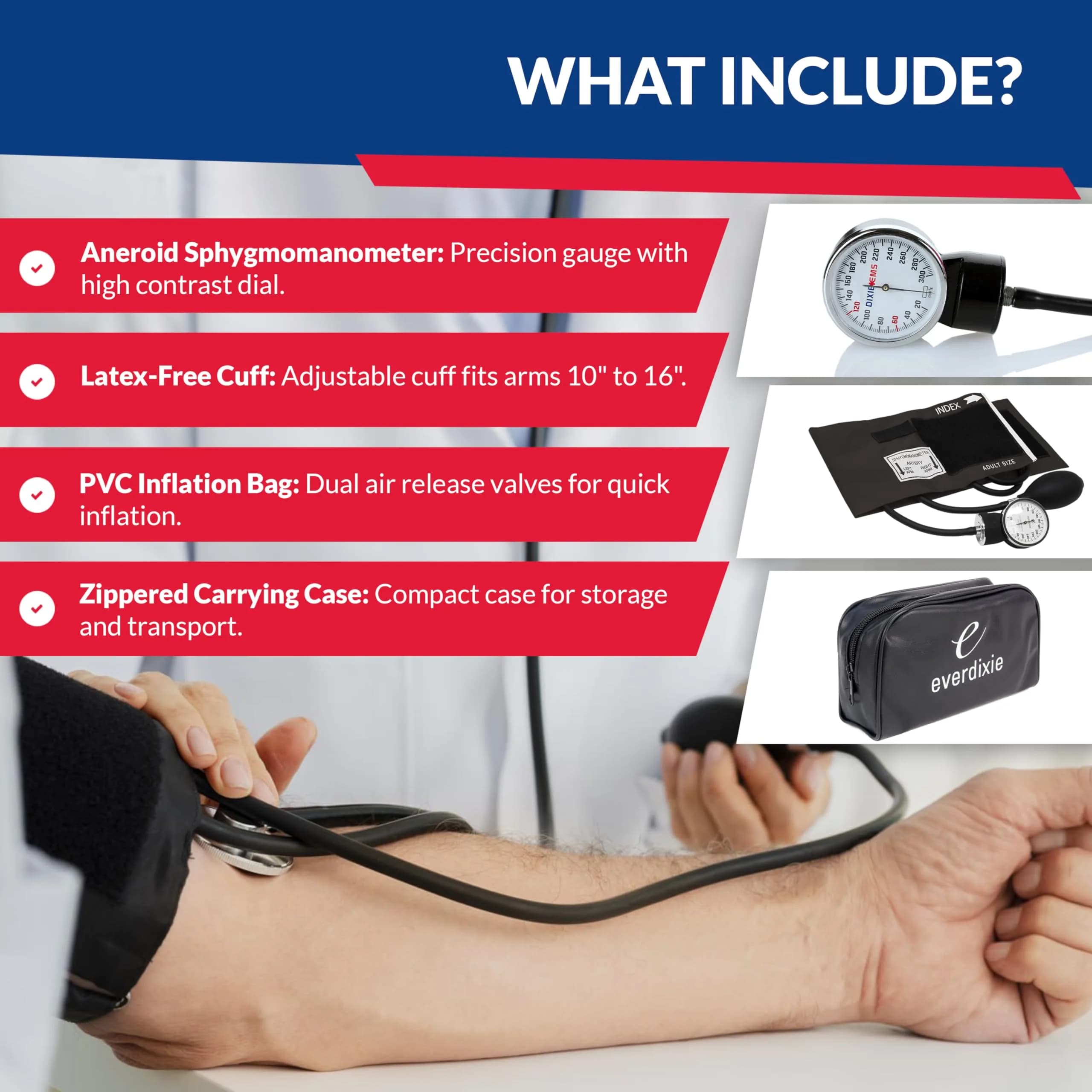 Dixie EMS Deluxe Aneroid Sphygmomanometer Blood Pressure Set with Adult Cuff, Carrying Case & Calibration Tool - Black | Professional Grade Manual BP Monitor - view 4