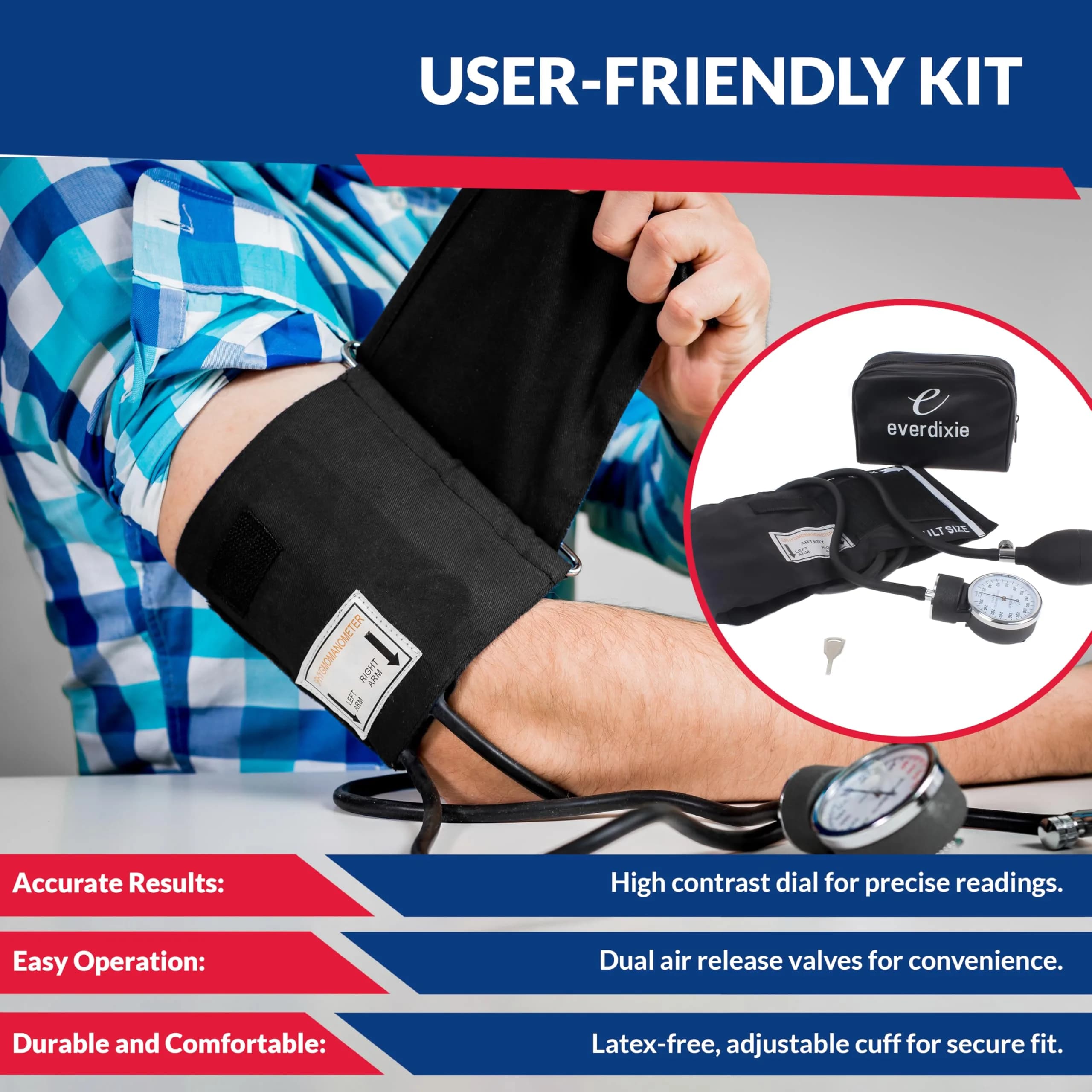 Dixie EMS Deluxe Aneroid Sphygmomanometer Blood Pressure Set with Adult Cuff, Carrying Case & Calibration Tool - Black | Professional Grade Manual BP Monitor - view 3