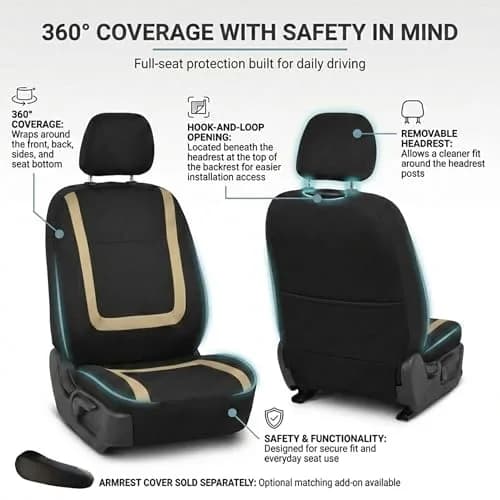 FH Group Car Seat Covers Full Set Cloth - Universal Fit Automotive, Low Back Front, Solid Back, Washable Car Seat Cover for SUV, Sedan and Van Beige | Protect & Style thumbnail 4