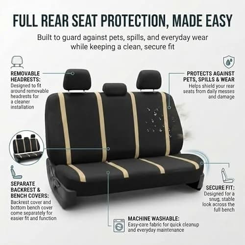 FH Group Car Seat Covers Full Set Cloth - Universal Fit Automotive, Low Back Front, Solid Back, Washable Car Seat Cover for SUV, Sedan and Van Beige | Protect & Style thumbnail 5