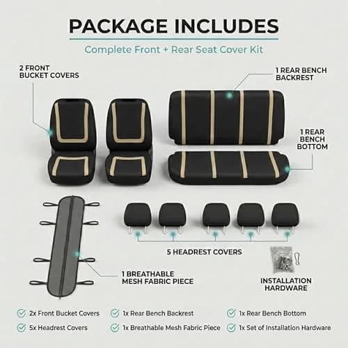 FH Group Car Seat Covers Full Set Cloth - Universal Fit Automotive, Low Back Front, Solid Back, Washable Car Seat Cover for SUV, Sedan and Van Beige | Protect & Style thumbnail 7