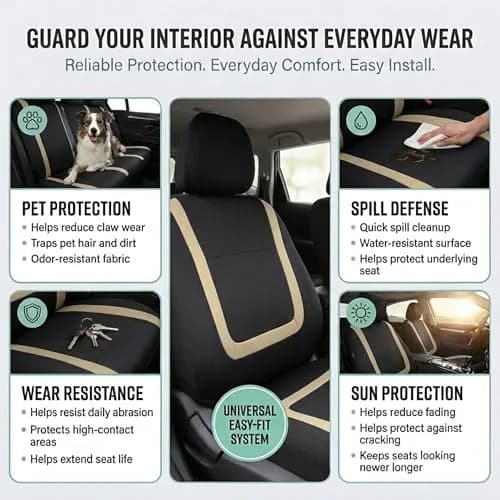 FH Group Car Seat Covers Full Set Cloth - Universal Fit Automotive, Low Back Front, Solid Back, Washable Car Seat Cover for SUV, Sedan and Van Beige | Protect & Style thumbnail 8