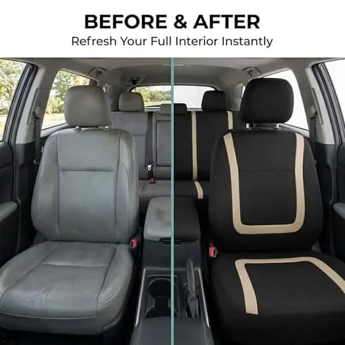 FH Group Car Seat Covers Full Set Cloth - Universal Fit Automotive, Low Back Front, Solid Back, Washable Car Seat Cover for SUV, Sedan and Van Beige | Protect & Style thumbnail 9