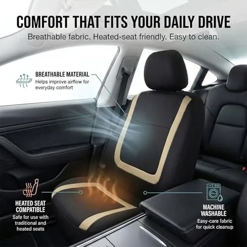 FH Group Car Seat Covers Full Set Cloth - Universal Fit Automotive, Low Back Front, Solid Back, Washable Car Seat Cover for SUV, Sedan and Van Beige | Protect & Style thumbnail 3
