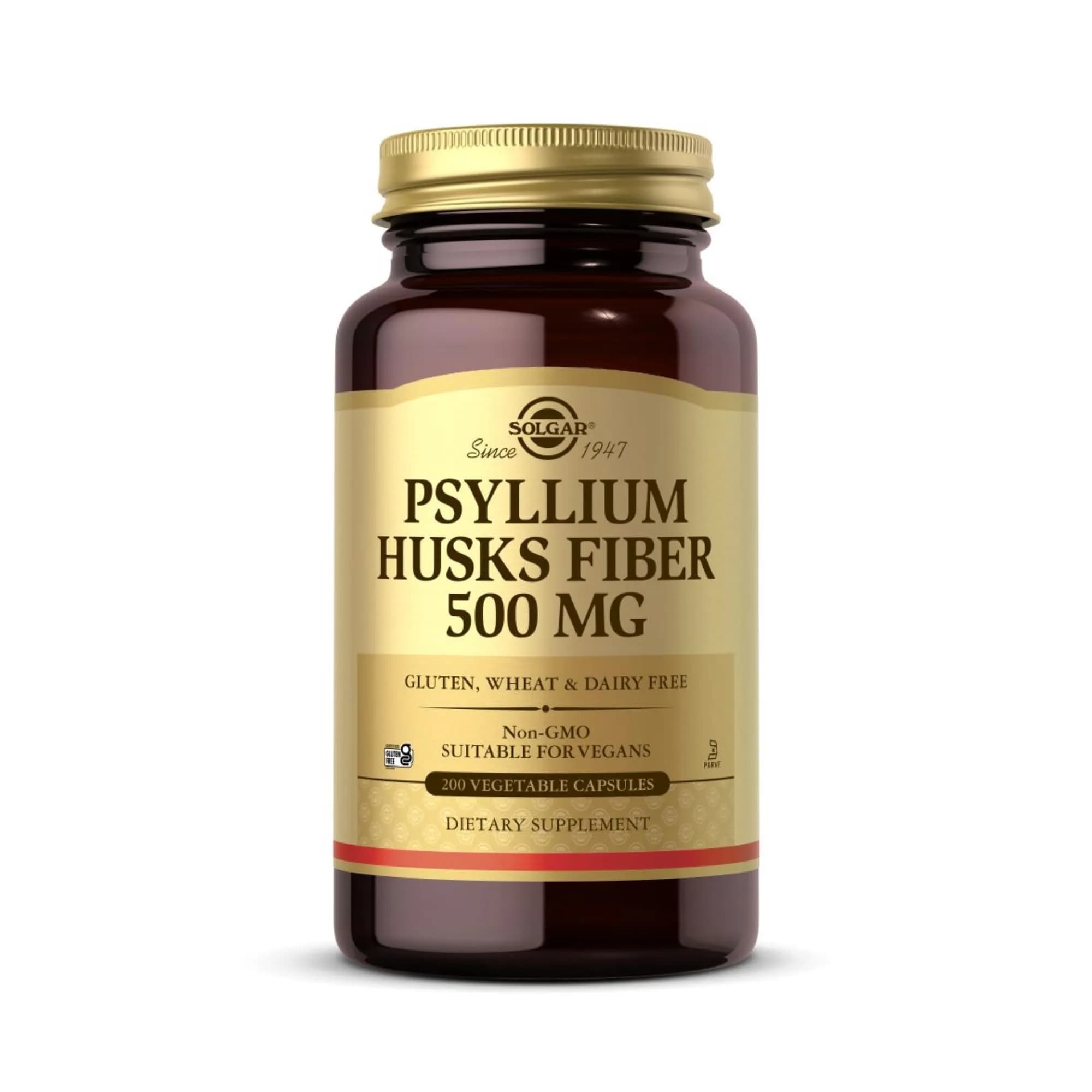 Solgar Psyllium Husks Fiber 500 mg Vegetable Capsules, 200 Count | Natural Source of Dietary Fiber for Digestive Support — Capsule