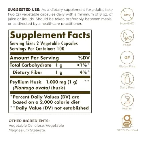 Solgar Psyllium Husks Fiber 500 mg Vegetable Capsules, 200 Count | Natural Source of Dietary Fiber for Digestive Support thumbnail 2