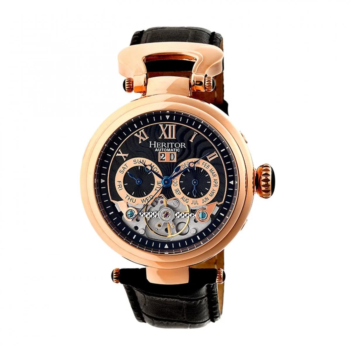 HERITOR Ganzi Automatic Watch for Men – 44mm Semi-Skeleton, 35-Jewel Movement, Stainless Steel Case, Sapphire-Coated Crystal, Leather Strap (HERHR3306) – Rose Gold/Black — Black/Rose Gold