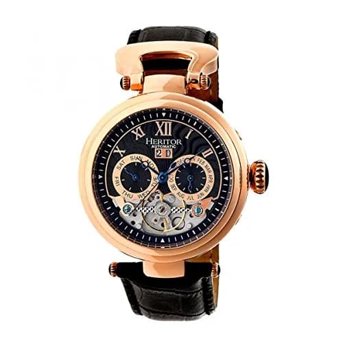 HERITOR Ganzi Automatic Watch for Men – 44mm Semi-Skeleton, 35-Jewel Movement, Stainless Steel Case, Sapphire-Coated Crystal, Leather Strap (HERHR3306) – Rose Gold/Black thumbnail 1