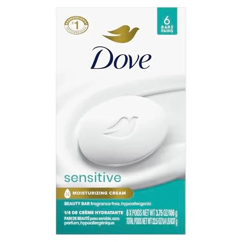 Dove Sensitive Skin Beauty Bar Soap 106g (3.75 oz) 6 Bars | Fragrance-Free Hypoallergenic Cleanser thumbnail 1