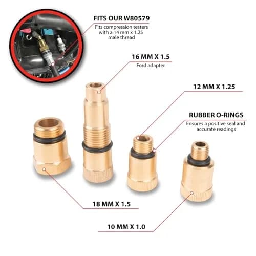 Performance Tool W80577 Compression Tester Spark Plug Adapter Set | Wide Compatibility, Durable Rubber Seals, High-Quality Materials thumbnail 2