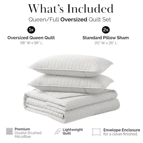 Southshore Fine Living, Inc. Oversized White Queen Quilt Bedding Set with 2 Shams | Microfiber, All Seasons, Full/Queen thumbnail 2