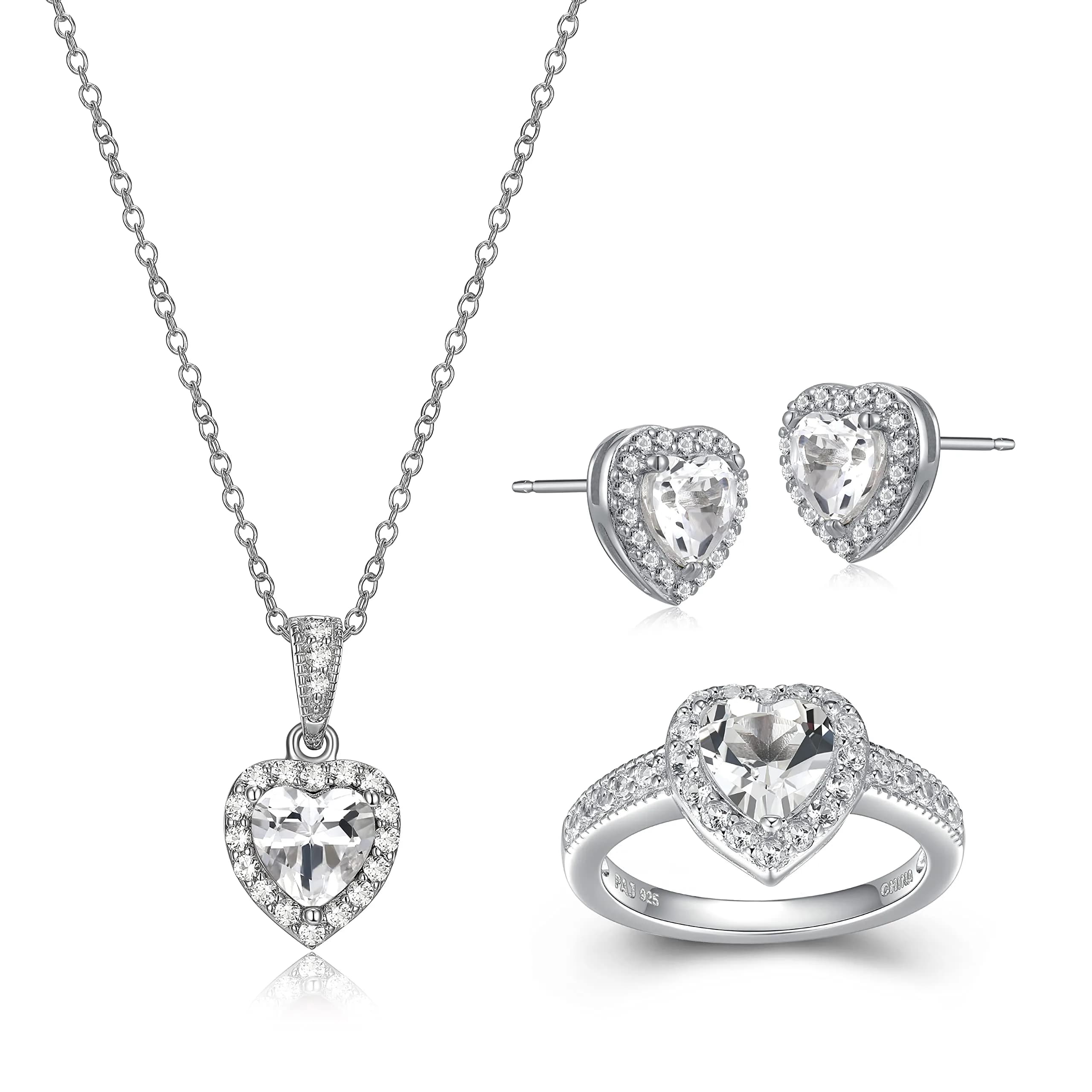 MORGAN & PAIGE .925 Sterling Silver Rhodium Plated White Topaz and White Sapphire Heart Jewelry Set - Pendant Necklace 18in, Ring Size 7, Earrings