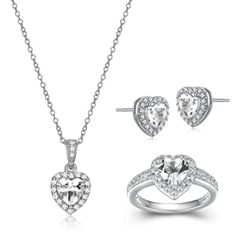 MORGAN & PAIGE .925 Sterling Silver Rhodium Plated White Topaz and White Sapphire Heart Jewelry Set - Pendant Necklace 18in, Ring Size 7, Earrings thumbnail 1