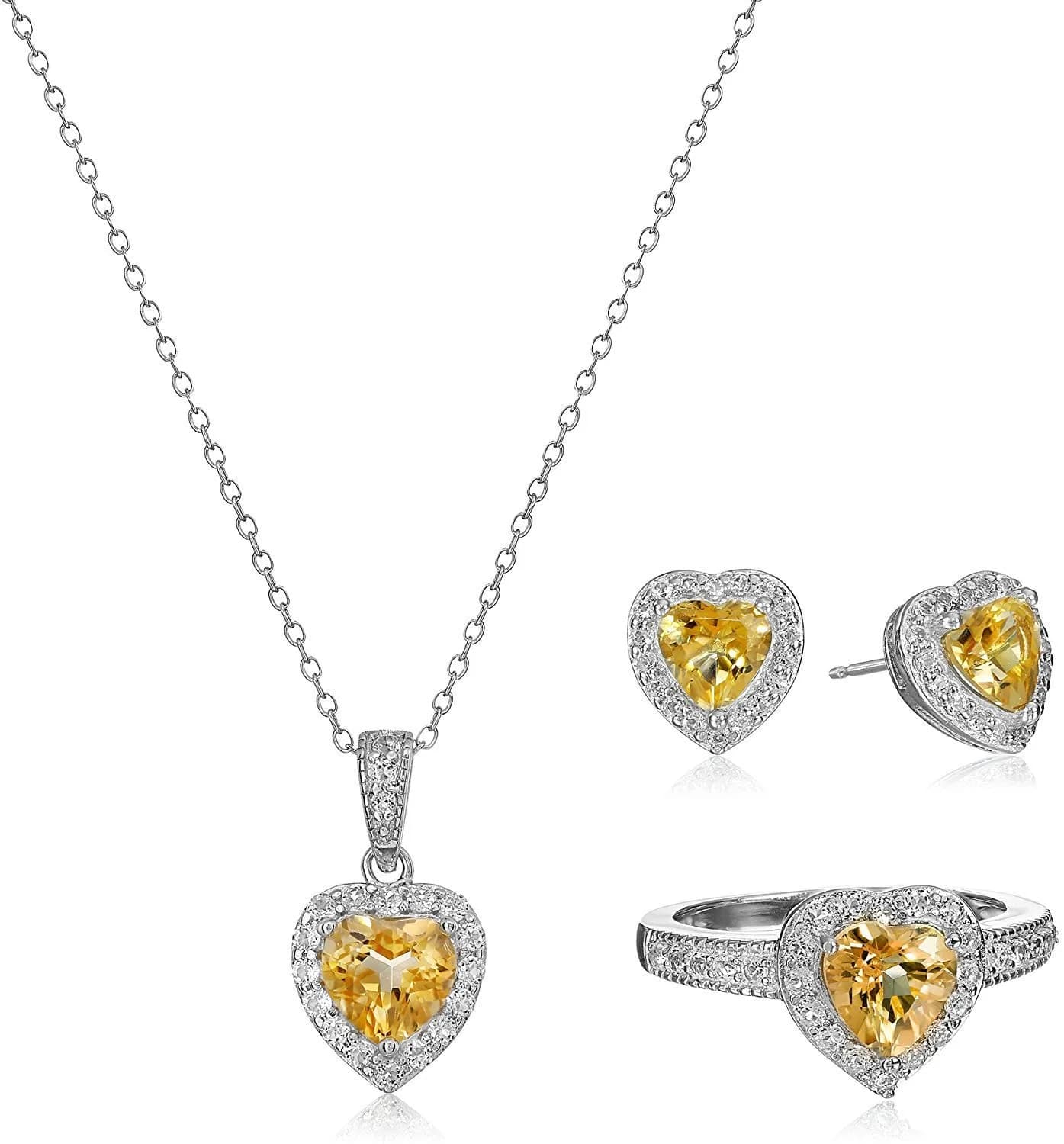 MORGAN & PAIGE Silver Rhodium Plated Yellow Citrine Halo Heart Jewelry Set | November Birthstone, Elegant & Hypoallergenic - main product image