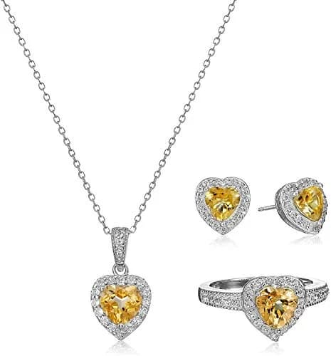 MORGAN & PAIGE Silver Rhodium Plated Yellow Citrine Halo Heart Jewelry Set | November Birthstone, Elegant & Hypoallergenic thumbnail 1
