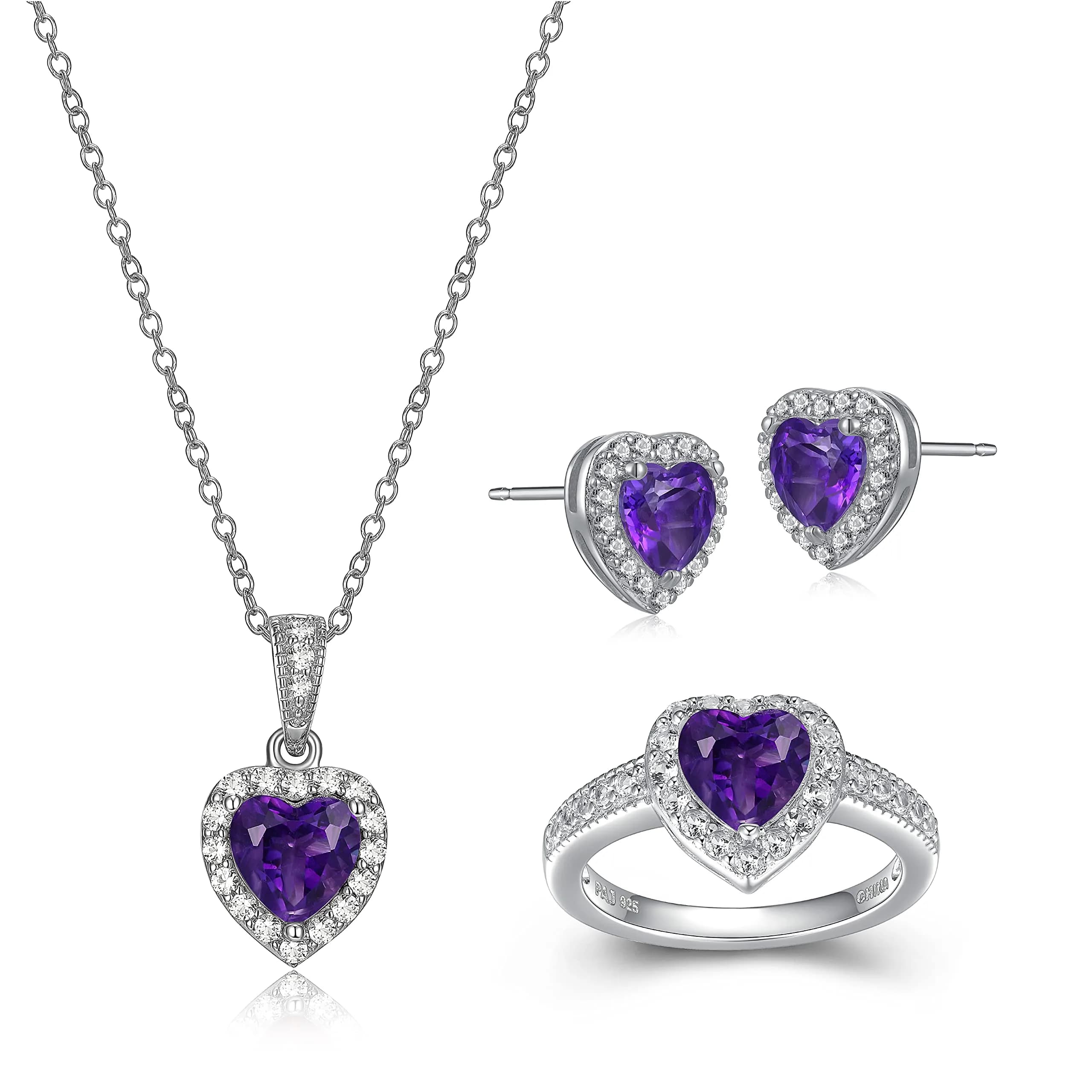 MORGAN & PAIGE Silver Rhodium Plated Purple Amethyst Heart Jewelry Set | February Birthstone