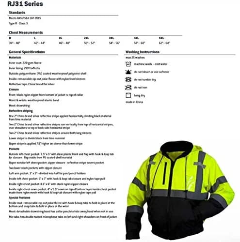 Pyramex Safety RJ31 Series Waterproof Class 3 Fleece Bomber Safety Jacket, Lime, Large | High-Visibility Waterproof Workwear thumbnail 6