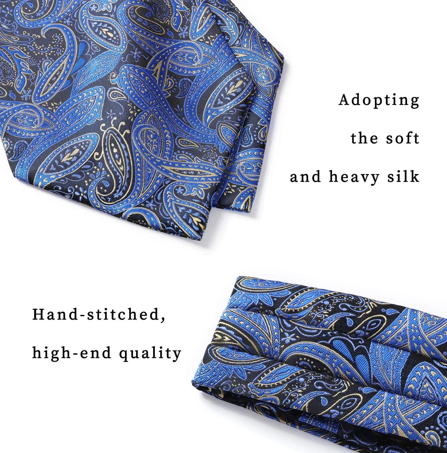 HISDERN Navy Blue Paisley Ascot Tie and Pocket Square Set 126 cm (49.6") | Jacquard Woven Silk Blend for Men - view 5