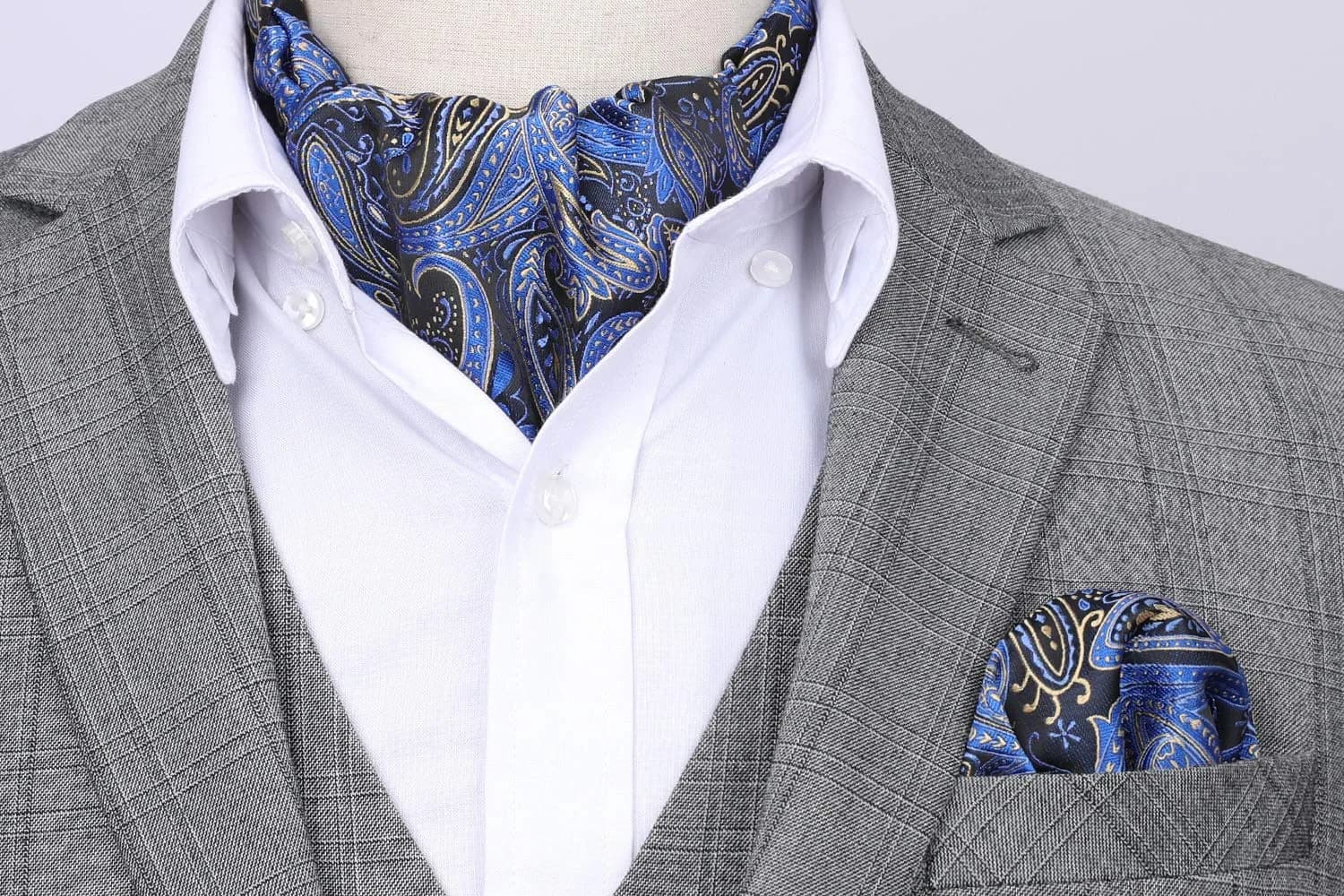 HISDERN Navy Blue Paisley Ascot Tie and Pocket Square Set 126 cm (49.6") | Jacquard Woven Silk Blend for Men - view 2
