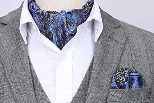 HISDERN Navy Blue Paisley Ascot Tie and Pocket Square Set 126 cm (49.6") | Jacquard Woven Silk Blend for Men thumbnail 2