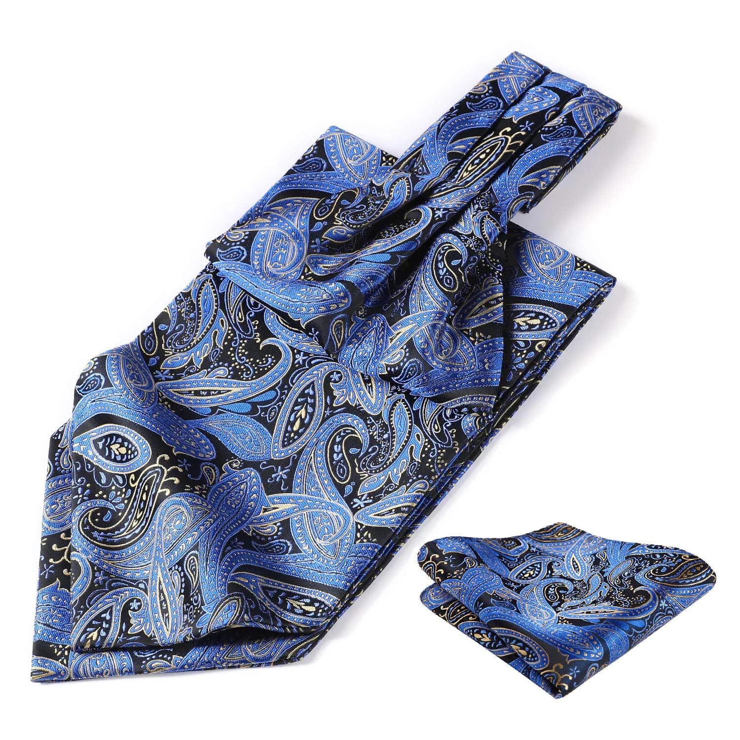 HISDERN Navy Blue Paisley Ascot Tie and Pocket Square Set 126 cm (49.6") | Jacquard Woven Silk Blend for Men - view 4