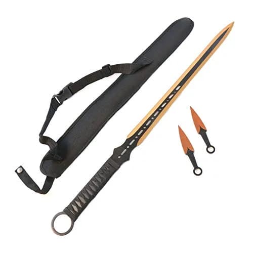 Wartech K1020-64-GD 440 Stainless Steel Full Tang Blade Ninja Hunting Machete Sword with Throwing Knives (2 Piece), 27", Gold thumbnail 1