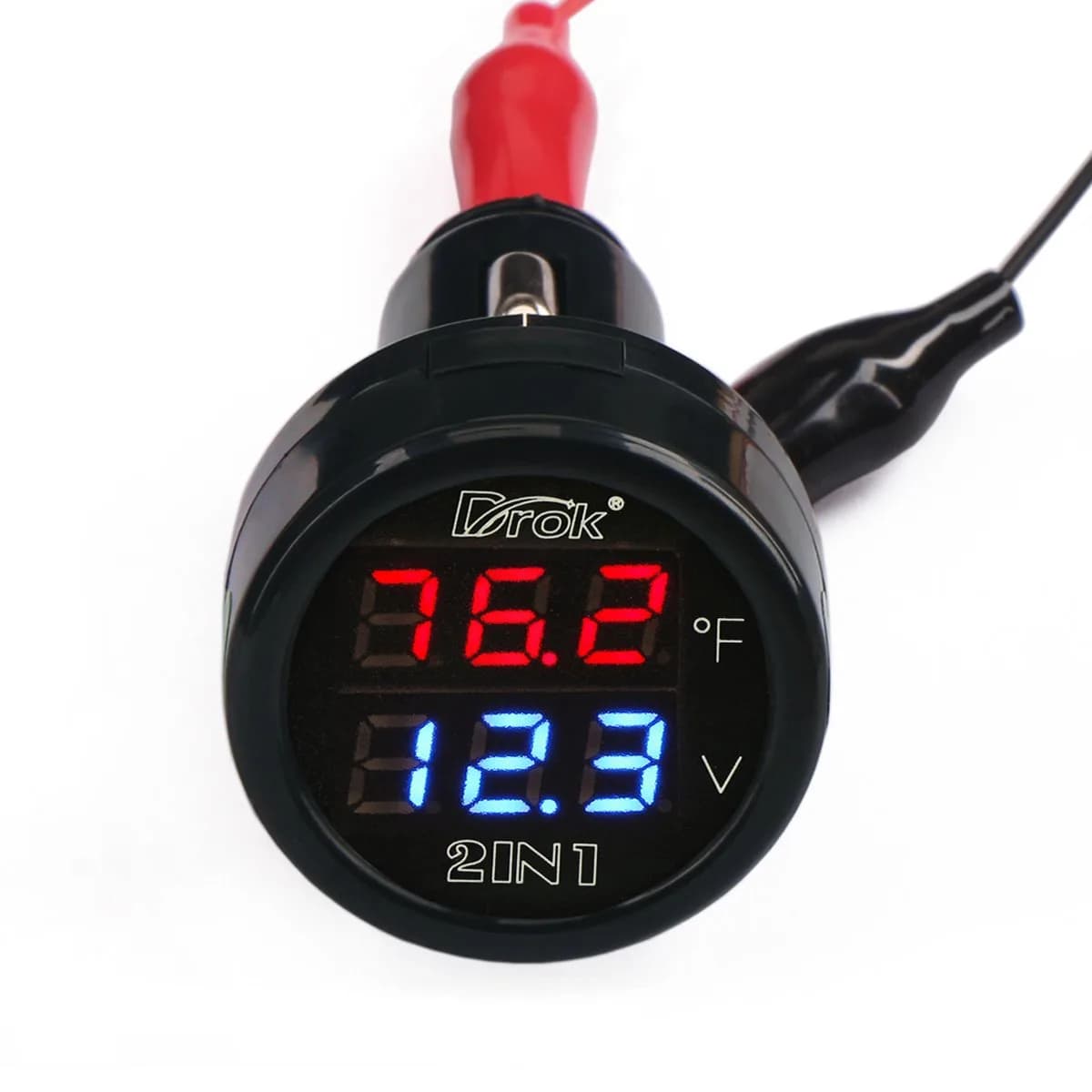 DROK Digital DC Voltage & Temperature Monitor 12V/24V | 10-170°F Battery Voltmeter Thermometer - main product image