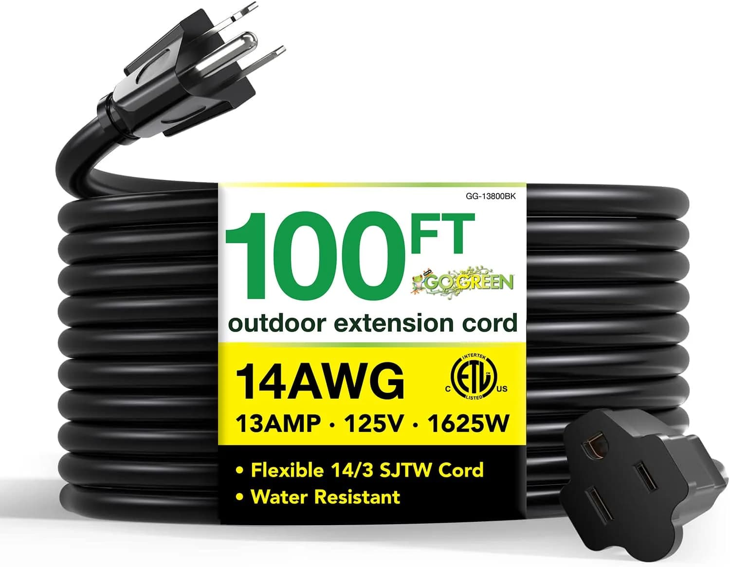 GoGreen Power GG-13800BK 14/3 SJTW Outdoor Extension Cord 30.48 m (100 ft) | Heavy Duty Contractor Grade — 100 ft