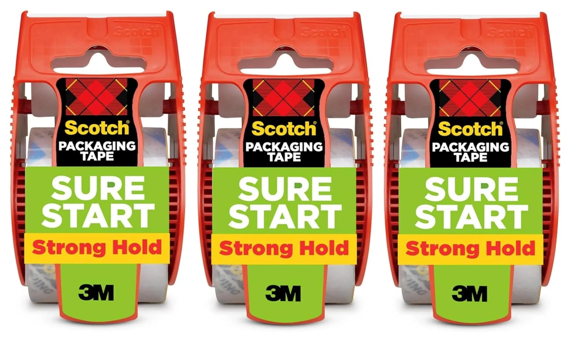 Scotch Sure Start Packing Tape with Dispensers, Clear, 4.8cm x 22.2 Yard, 2 Rolls + 1 Extra Roll | Quiet Unwind & Easy Start - main product image
