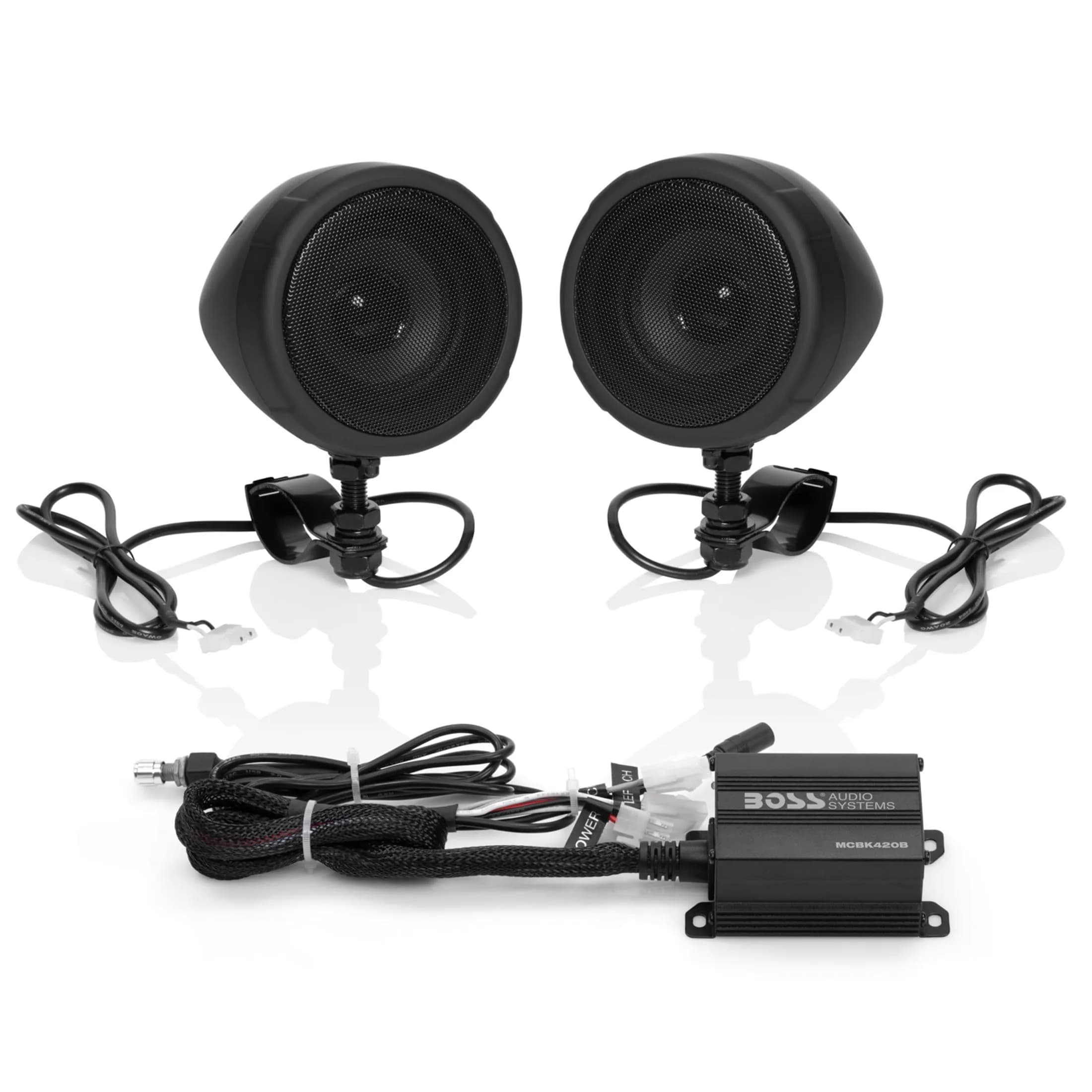 BOSS Audio Systems MCBK420B Motorcycle Speakers & 2 Channel Amp Package | Bluetooth Weatherproof Audio (70-120 chars) — (2) 3" Black Speakers + Class D Amp