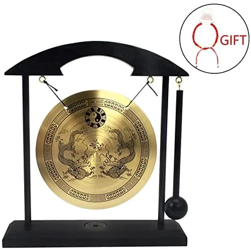 fengshuisale Brass Desktop Gong with Stand & Red String Bracelet 21cm (8.3") | Soothing Low Tone for Meditation thumbnail 2