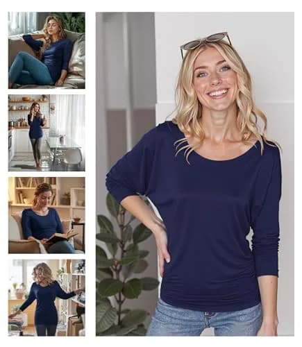 Made By Johnny Women's 3/4 Sleeve Dolman Top | Casual Loose Fit Tunic, Boat Neck, Side Shirring, Soft Stretch Navy thumbnail 2