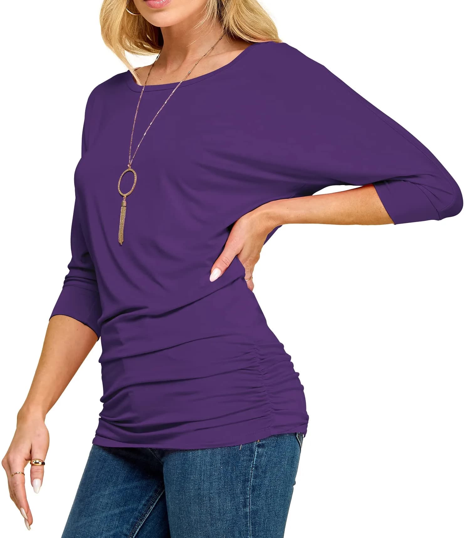 Made By Johnny Women's 3/4 Sleeve Dolman Top | Casual Loose Fit Tunic, Boat Neck, Side Shirring, Soft Stretch Navy — Wt822_dark_purple / Large