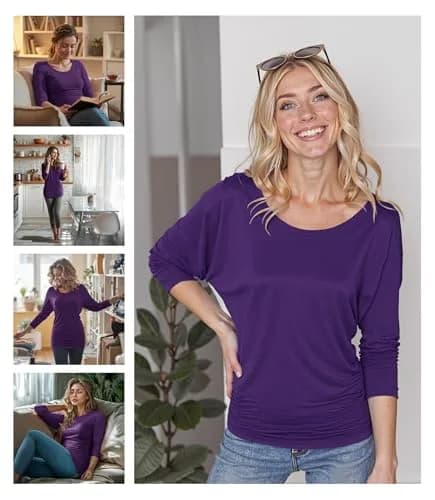Made By Johnny Womens 3/4 Sleeve Drape Top Large Dark Purple | Casual Oversized Tunic with Drop Shoulders thumbnail 2