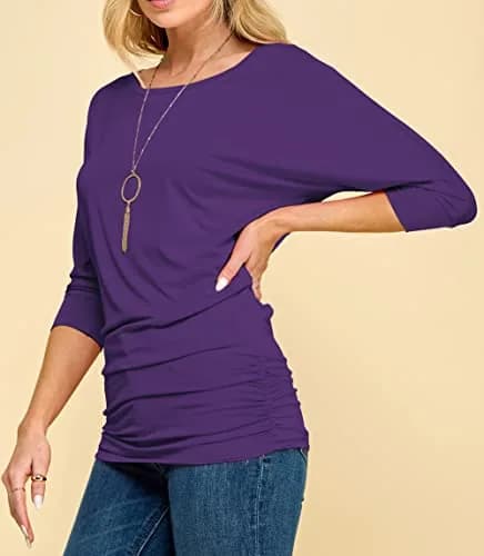 Made By Johnny Womens 3/4 Sleeve Drape Top Large Dark Purple | Casual Oversized Tunic with Drop Shoulders thumbnail 3