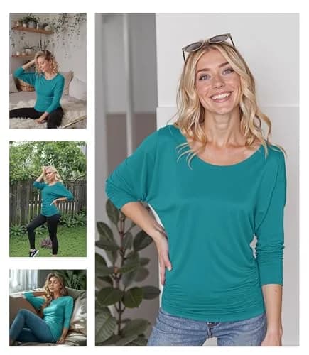 Made By Johnny Womens Tunic L Jade | Casual 3/4 Sleeve Drape Top thumbnail 2